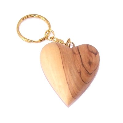 Heavy Jerusalem Olive Wood Carved Heart Key Chain or ring - 2 inches long and 1 inch thick