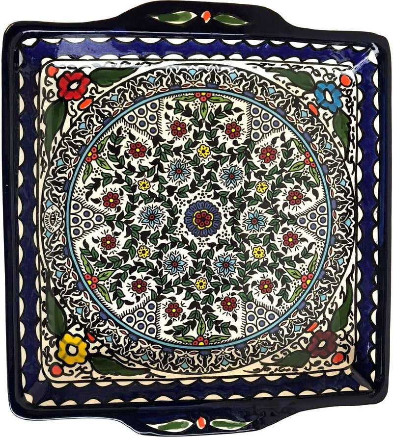 Plato Cuadrado de Pan/Matzah Seder de Flores de Tierra Santa de Cerámica Armenia - 9.5 Pulgadas - Marca Asfour Outlet