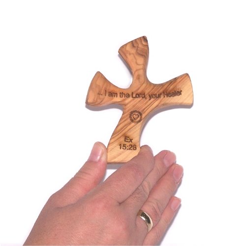 Olive wood Healing Cross - complete Package with Prayers and Certificate (4.5 x 3.6 inches)  designed to sit in your hand perfectly. Healing Cross Trademark