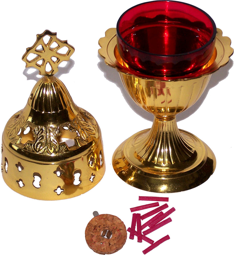 Holy Land Market Brass Oil Lamp - Church Supplies and Accessories - with Oil Glass Cup and Wicks and Floaters