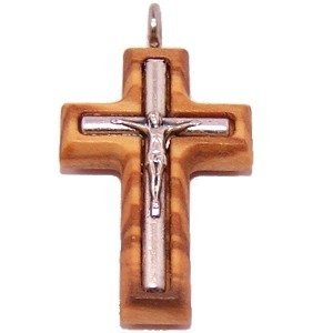 Olive wood Cross with Embedded pewter Crucifix - Latin (3cm - 1.2") - 5mm thick