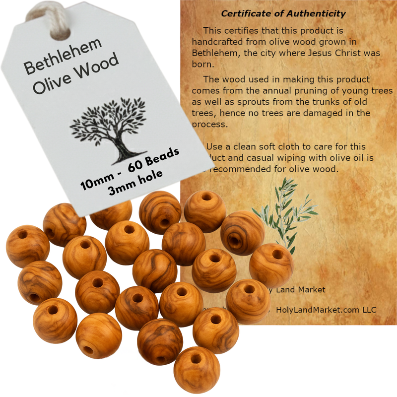 Holy Land Market Bethlehem 10mm Smooth Olive Wood Beads (60-Piece Bag) – Hand-Carved by Christian Artisans – Natural Dried Olivewood for Rosaries, Jewelry Making & Crafts