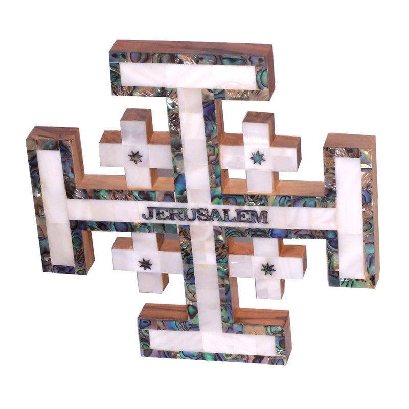 Holy Land Market Olive Wood Jerusalem Cross covered with Mother of Pearls shell.