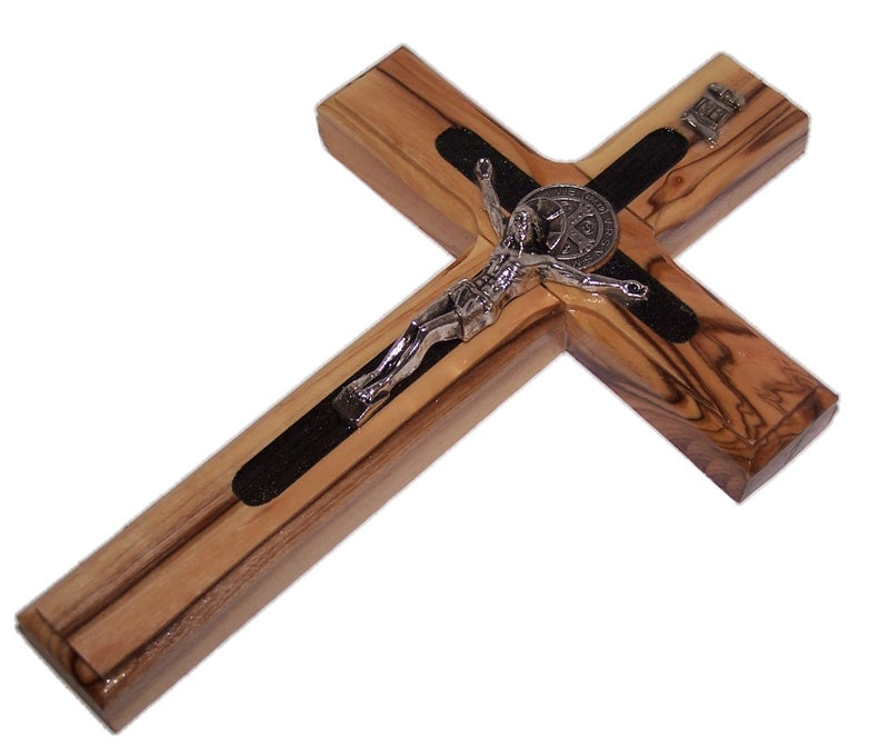 Two Tone Saint Benedict Crucifix - Olive Wood from Bethlehem with Top Grade Corpus and Saint Benedict Medal (6 Inches) - Olive Wood with Black