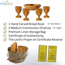 Mercado de Tierra Santa 4 x 3" Copas de Comunión de Madera de Olivo & Juego de Plato de Pan de 4" – Talladas a Mano en Belén – Incluye 4 Copas Kiddush con Bandeja a Juego para Culto en la Iglesia, Pastores y Ministerios