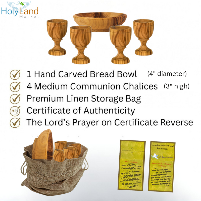 Holy Land Market 4 x 3" Olive Wood Communion Cups & 4" Bread Plate Set – Hand-Carved in Bethlehem – Includes 4 Kiddush Goblets with Matching Tray for Church Worship, Pastors & Ministries