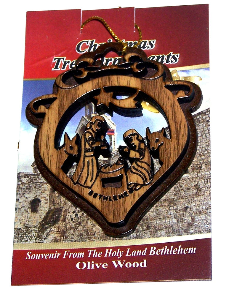 Two Layers Mahogany with Olive Wood Holy Family Nativity Scene Ornament Gift Carved by Laser - Olive Wood (7 cm or 2.8 inch with Certificate) and Gold String