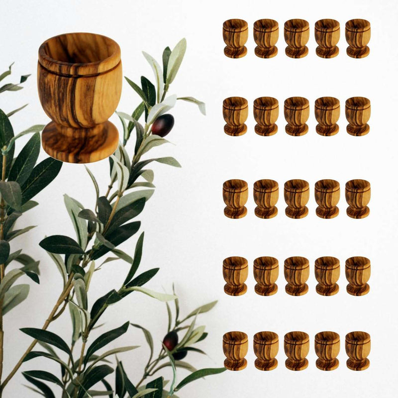 Twenty-five olive wood communion cups in a five by five grid