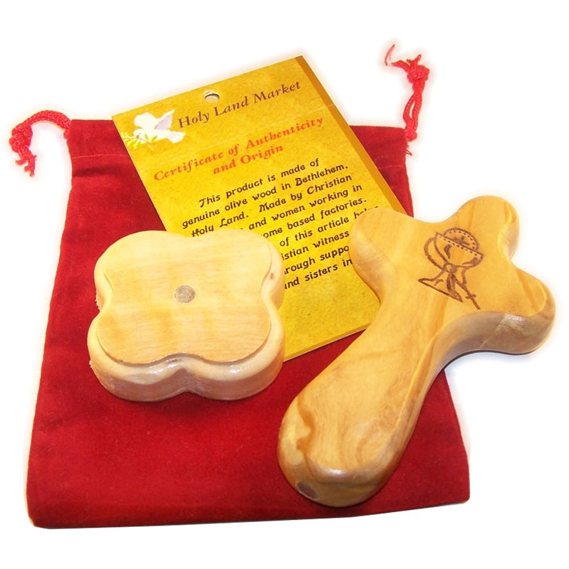 Holy Land Market Catholic Communion/Rosary - Hand or Table Cross. Package. Comes with Velvet Bag & Lord's Prayer Card - 4" Cross