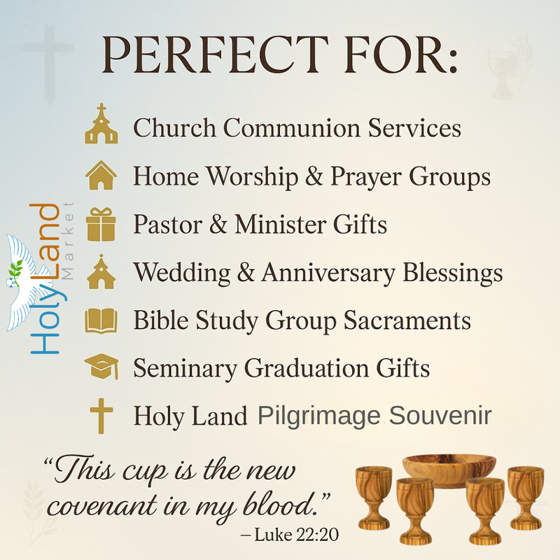 Holy Land Market 4 x 3" Olive Wood Communion Cups & 4" Bread Plate Set – Hand-Carved in Bethlehem – Includes 4 Kiddush Goblets with Matching Tray for Church Worship, Pastors & Ministries