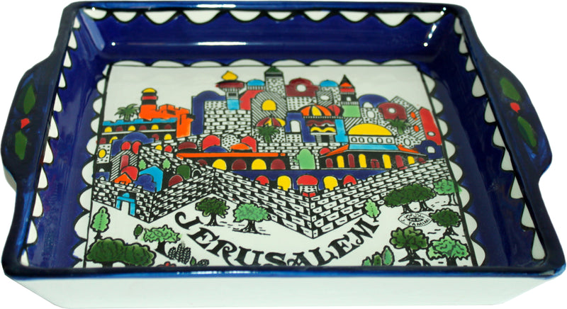 Holy Land Market Armenian Ceramic Jerusalem City square Bread/Matzah Seder Plate - 9.5 Inches - Asfour Outlet Trademark