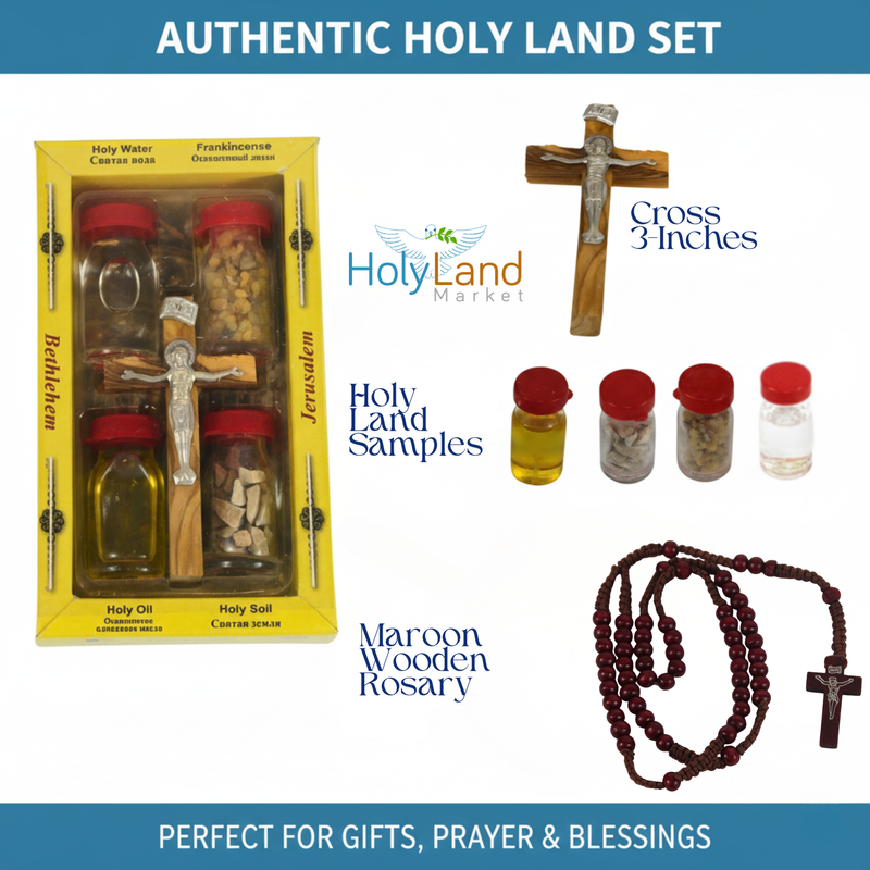 Holy Land Set 5in1 Olive Wood Cross Set with 3 Bottles - Oil, Jordan Water & Holy Earth