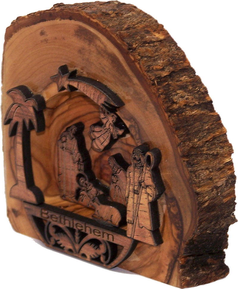 Holy Land Market Vintage Nativity Scene Olive Wood Bark Ornament - Table Standing or Hanging - Antique Style - 3D (3.5 Inches)