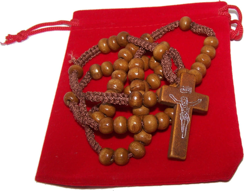 Two Rosaries with Velvet Bags : Black, Tan or Light Brown Colored Wooden Beads Rosary Necklaces with Jesus Imprint Cross