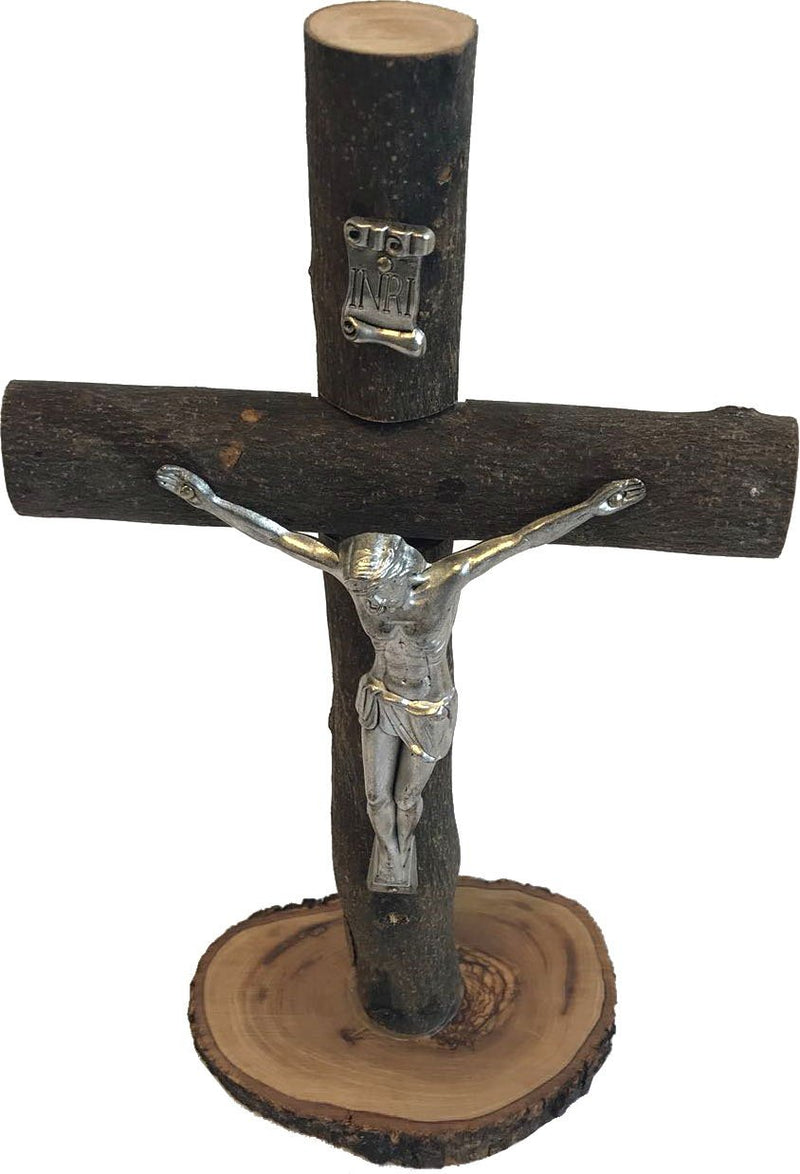 Holy Land Market Table natural Olive wood Cross/Crucifix with with bark left as is