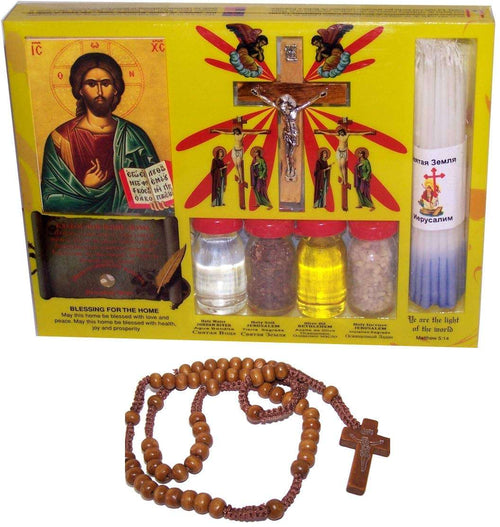 Conjunto Completo de Muestras del Mercado de Tierra Santa con Tierra, Incienso, Aceite de Unción y Agua Santa de Jordán, Crucifijo e Icono y Rosario