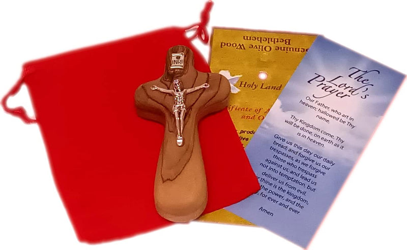 Holy Land Market Catholic Hand Held Holding Comfort Crucifix - with bag and Cards ( 4 Inches )