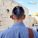 Holy Land Market Mens Embroidered Messianic Jewish Kippah - Satin Navy Blue with Gold, 6.5 Inches