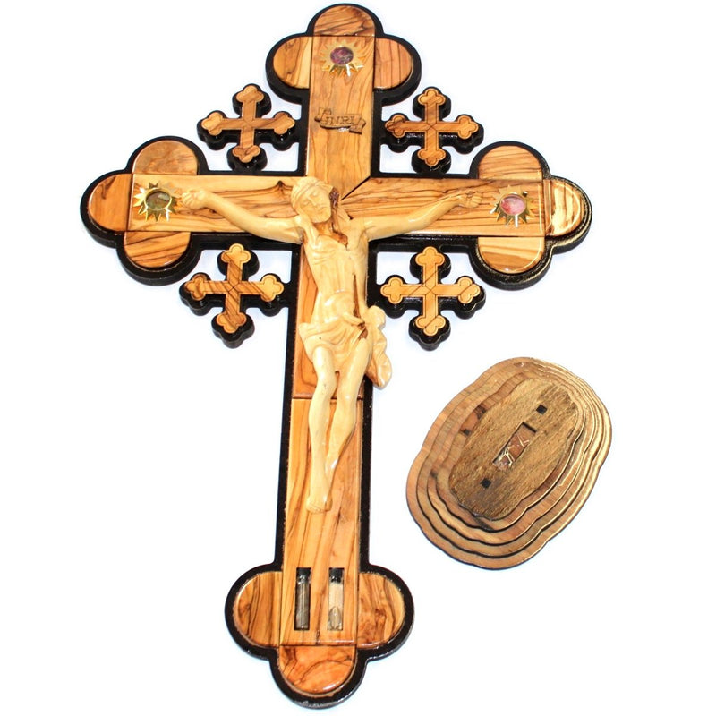 Layered olive wood Cross carved by Laser with Holy Land samples - standing or hanging (20 inches or 50 cm) Extra Large