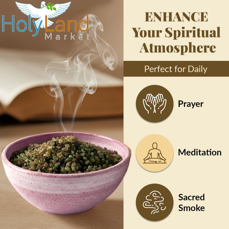 Pink bowl of smoking myrrh granules beside prayer and meditation icons