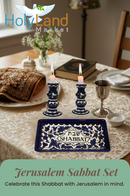 Holy Land Market Shabbat Candlesticks Set - Colorful Ceramic Shabbat Candle Holders Set with Matching Plate for Holidays