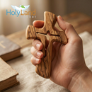 Large Olive Wood Hand or Palm Cross Carved by Christians from Bethlehem , the Birth place of our Lord Jesus, Crucifix with Corpus Carved Through 4.7 Inches, thick and carved from both sides ergonomic grip in your hand.
