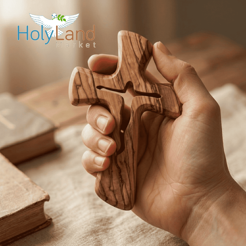 Large Olive Wood Hand or Palm Cross Carved by Christians from Bethlehe