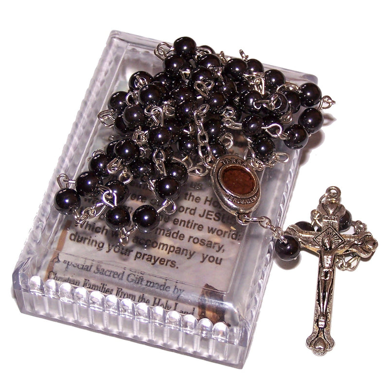 Holy Land Market Gorgeous 27" Black Hematite With Jerusalem soil Center Rosary