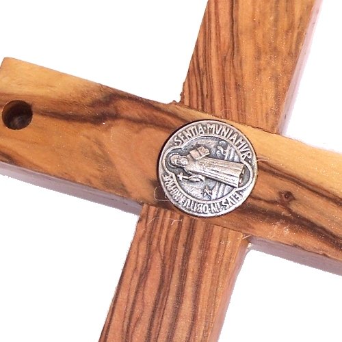 Holy Land Market Two Tone Saint Benedict Crucifix Olive Wood from Bethlehem with Top Grade Corpus and Saint Benedict Medal from Front and Back