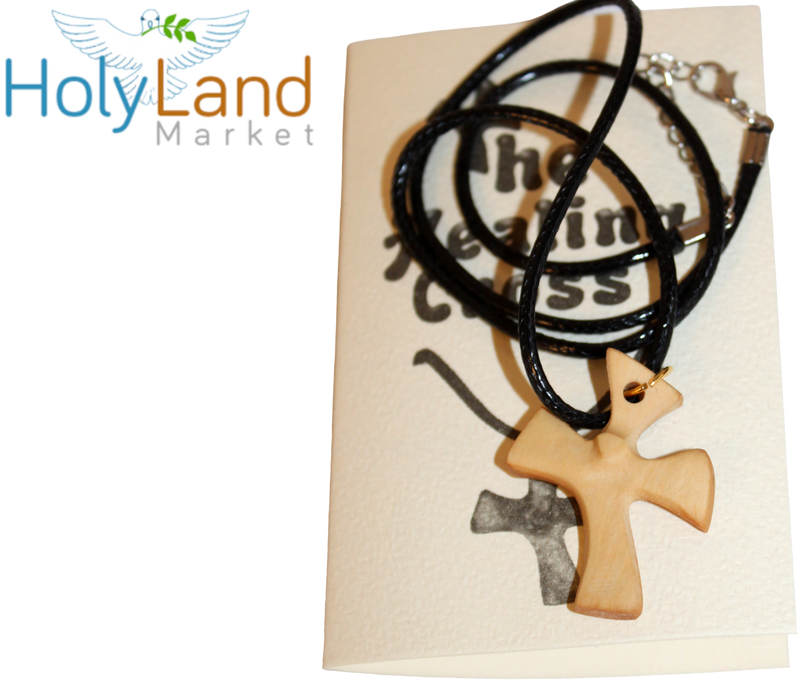 Olive wood Healing Cross Necklace - with Prayers (1.6 x 1.2 inches) Expandable Leather Necklace
