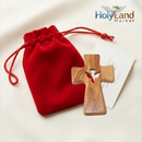 Wooden Pocket Cross - Bethlehem Olive Wood - 3-in-1 Design: Standing, Hanging, or Holding - Hand-Carved Silhouette - Includes Velvet Pouch, Prayer Card, & Certificate ( 4.2 Inches )