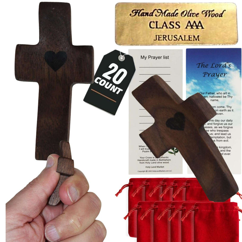 Set of 20 Walnut pocket worry crosses from Bethlehem with certificate and velvet pouch