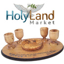 Holy Land Market Olive Wood Communion Cups & Plate Set Kiddush & Holding Tray - Communion Set Hand-Carved in Bethlehem – for Church Worship, Pastors & Ministries (Round Bowl + 4 Medium Goblets + Tray)