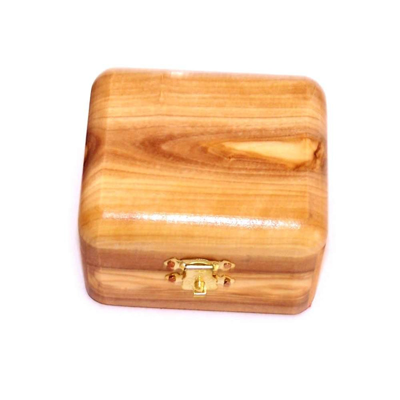 Undecorated polished olive wood box with brass clasp, closed