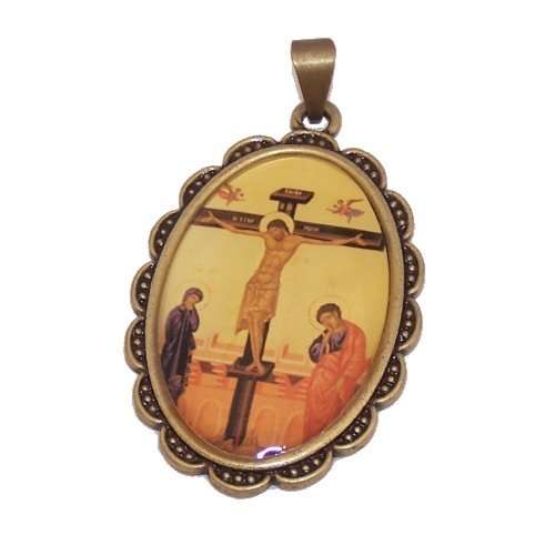 Ícono de Crucifixión - medalla de bronce esmaltada o resinada - Grande (5 cm o 2 pulgadas)