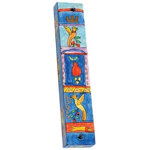 Large Wooden Mezuzah Holder By Yair Emanuel / Birds and Pomegranates