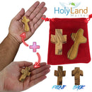 Holy Land Market Hand Carved Olive Wood Comfort Set – Made by Christian Artisans in Bethlehem – 2” Thumb & 2.5” Holding Crosses with Velvet Bag, Certificates & Prayer Cards – Authentic Holy Land Faith Gift