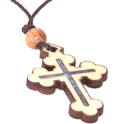 Byzantine- Orthodox Olive wood Cross with Mother of Pearls (60cm / 23.5 inches, Cross is 5cm or 2 inches)