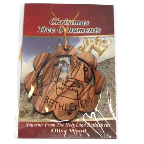 Adorno regalo de la Sagrada Familia escena de nacimiento tallado por láser - Madera de olivo (7 cm o 2.8 pulgadas con certificado)