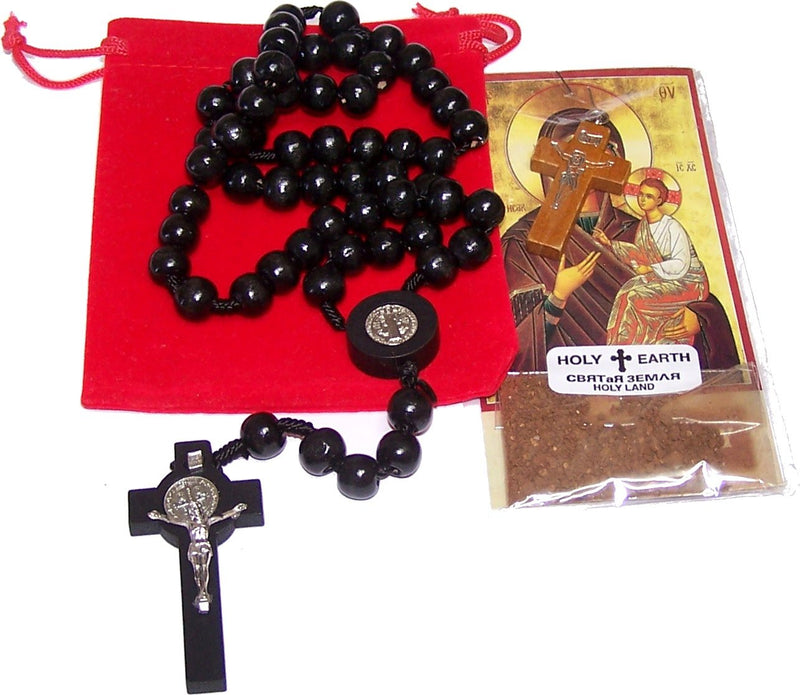 Holy Land Market St. Benedict Catholic Wood Rosary Beads from Bethlehem - The Holy Land - Black