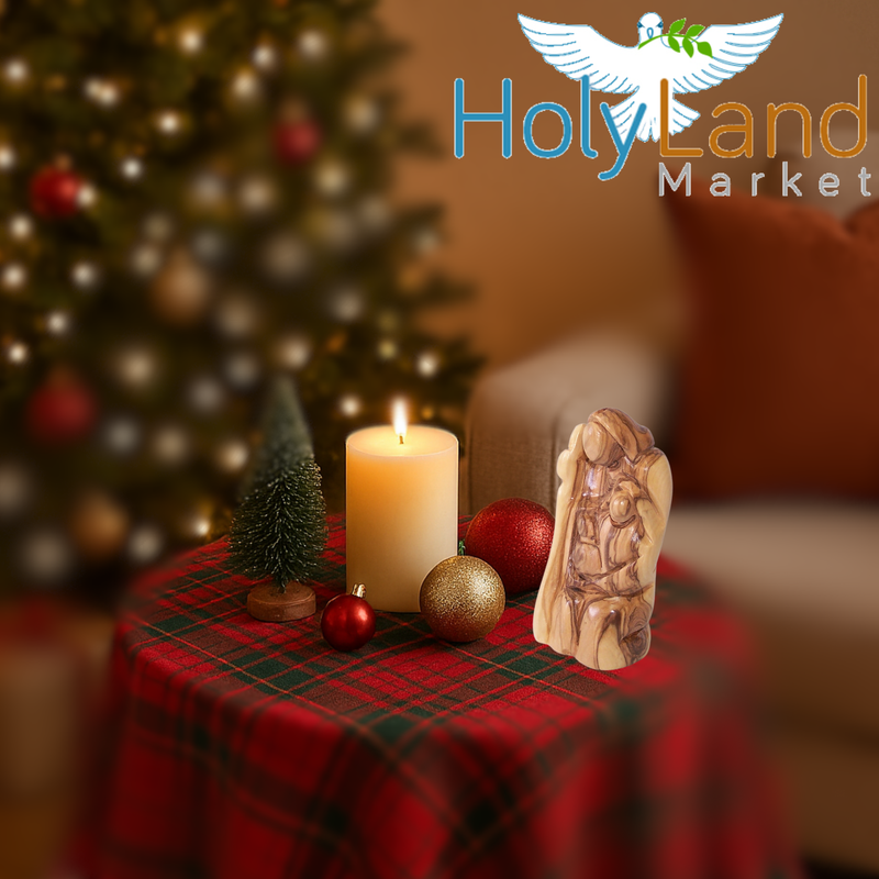 Holy Land Market Hand-Carved Olive Wood Holy Family Statue – Holy Family Nativity Scene from Bethlehem – 4” Christmas Decor for Home or Church with Nativity Story Booklet, Certificate & Prayer Card