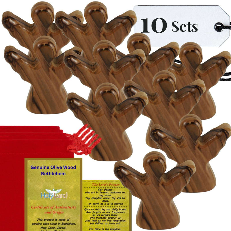 Ten olive wood angel figurines with red velvet pouches and certificates, 10 Sets tag