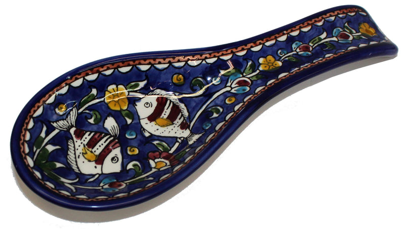 Armenian hand painted cooking Spoon Rest/Ladle Holder - Large with deep Round Cup part - Asfour Outlet Trademark