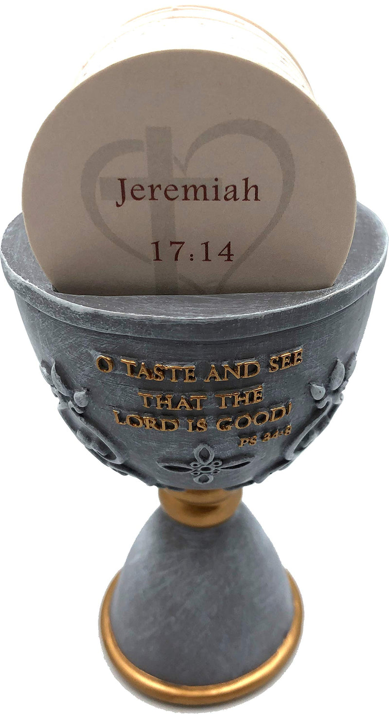 Holy Land Market Stone Communion Cup / Chalice and Hosts with 150 Different Biblical Verses ( 6 Inches high ) - Dark Grey