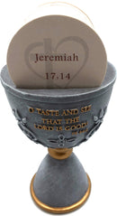 Holy Land Market Stone Communion Cup / Chalice and Hosts with 150 Different Biblical Verses ( 6 Inches high ) - Dark Grey