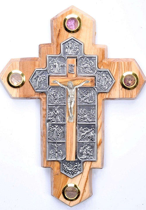 Crucifijo de Madera de Olivo de 14 Estaciones con Muestras de La Tierra Santa (7 x 5 Pulgadas)
