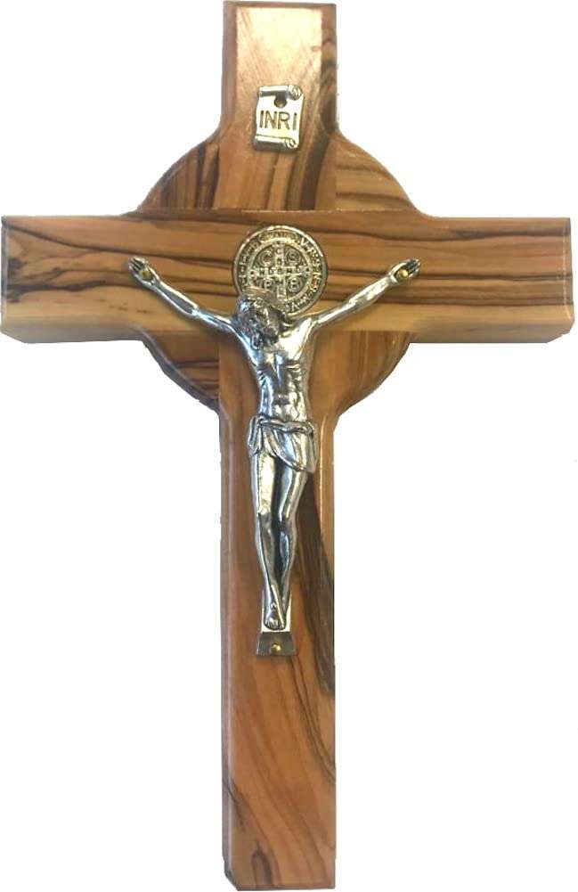 Front view on pale straight-grained olive wood, INRI scroll above silver corpus