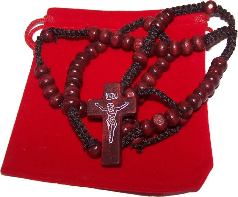 Two Rosaries with Velvet Bags : Black and Maroon Colored Wooden Beads Rosary Necklaces with Jesus Imprint Cross