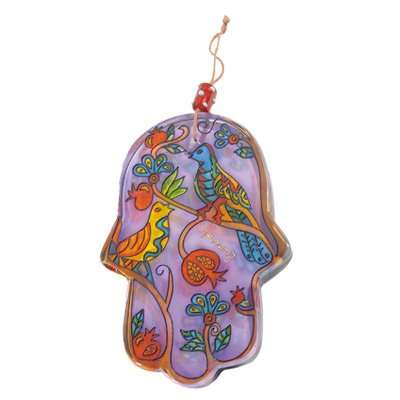 Yair Emanuel Large Glass Hamsa - Flowers and Birds Hg-4