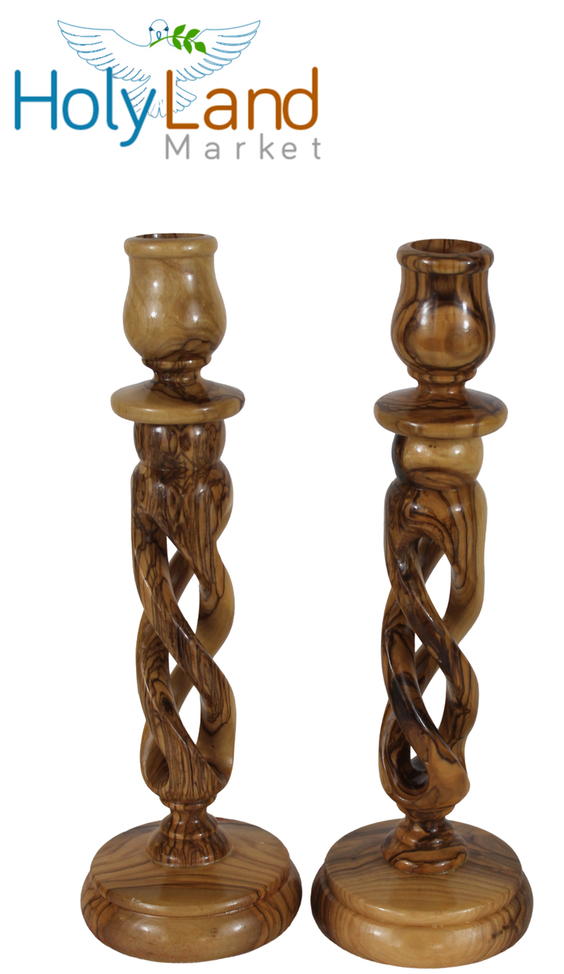 Holy Land Market Olive Wood Candle Holder Pair - Handmade 9 Inch Taper Candle Sticks, Inspirational Hollow Twist Design, 0.75 Inch Cup Diameter, Crafted by Christian Artisans in Bethlehem